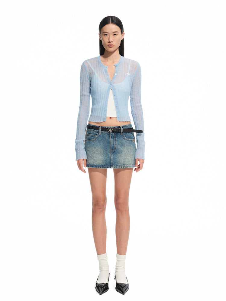 Washed Denim Twill Leather Patchwork Mini Skirt - CHINASQUAD