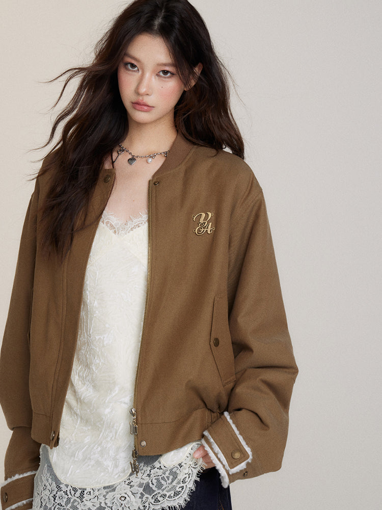 (Final Sale) Fur Collar Two-Way Fuzzy Baseball Jacket - CHINASQUAD