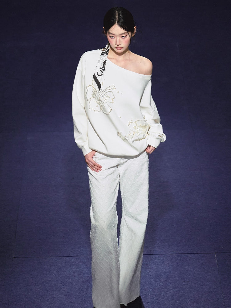 Beaded Off-shoulder Silhouette Sweatshirt