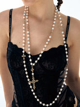 Double-Layered Pearl Fleur-de-Lis Cross Long Necklace - CHINASQUAD