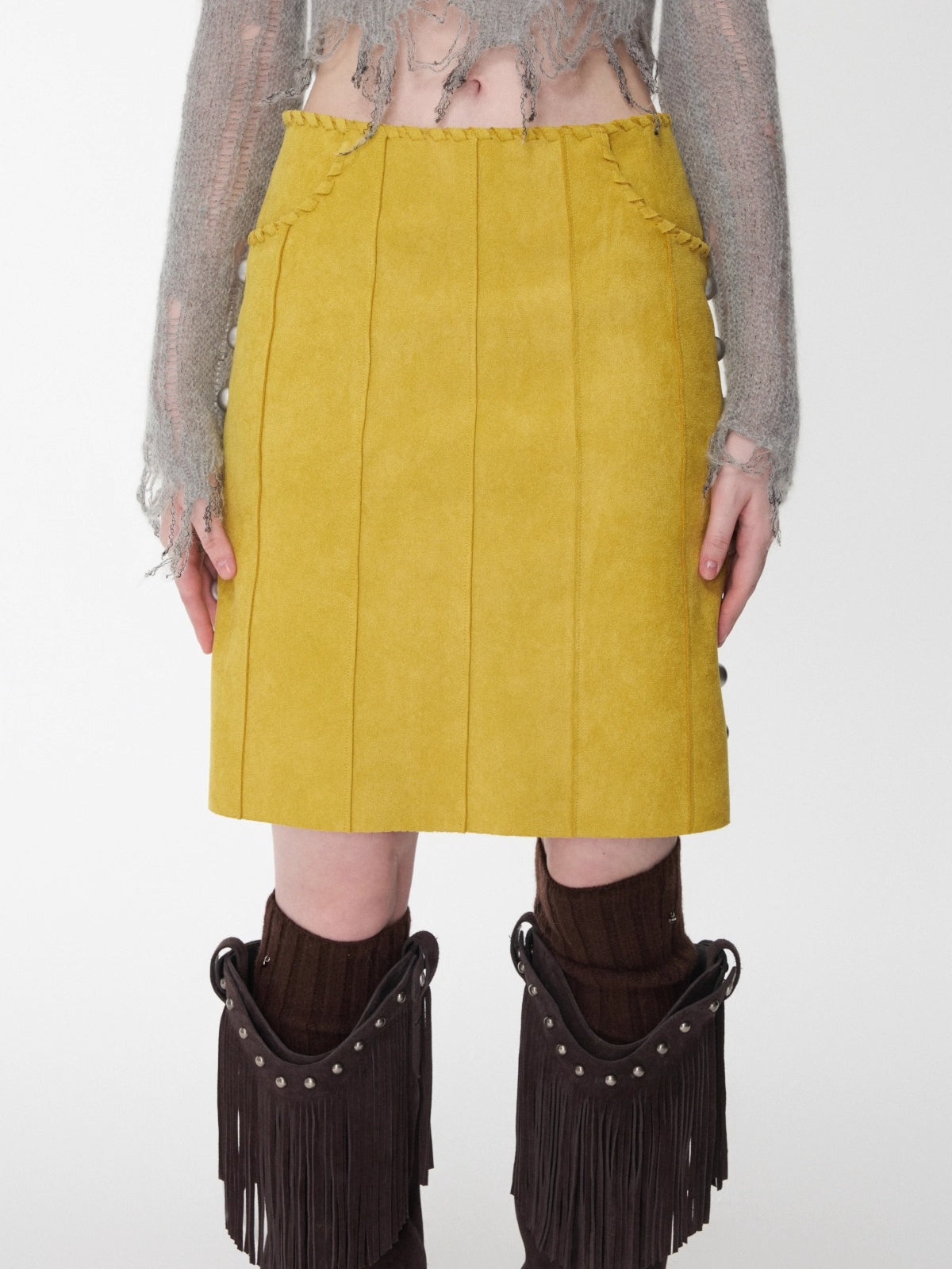 Suede Studded High-Waist Midi Skirt