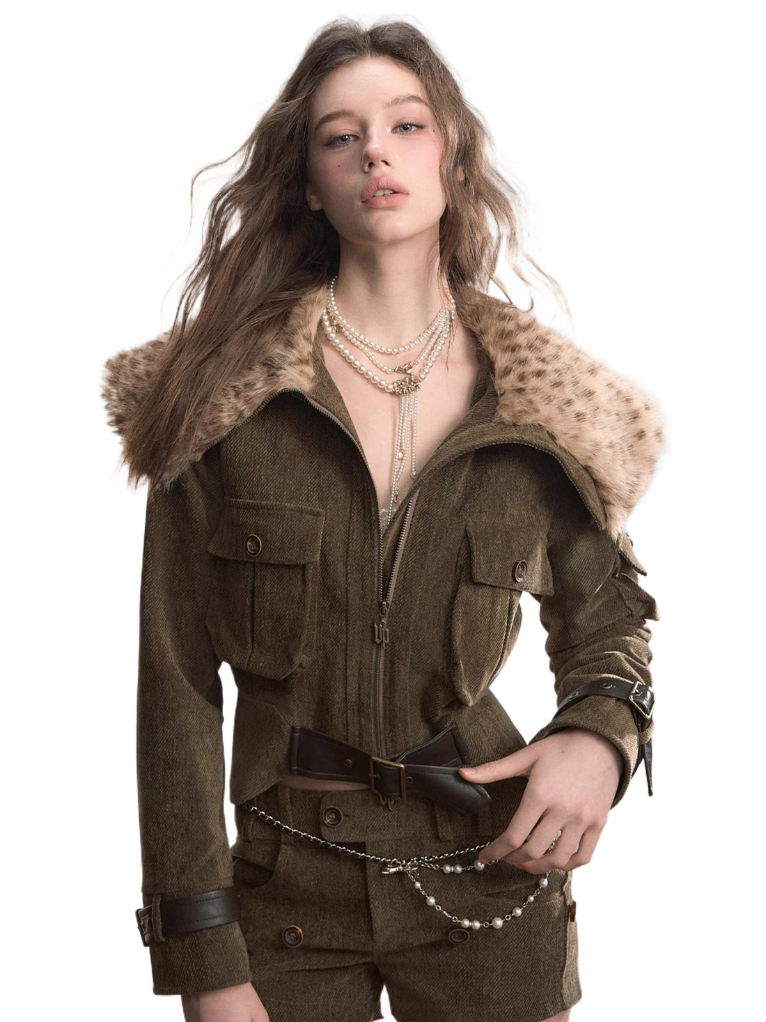 Leopard Faux Fur Collar Belted Puffer Jacket