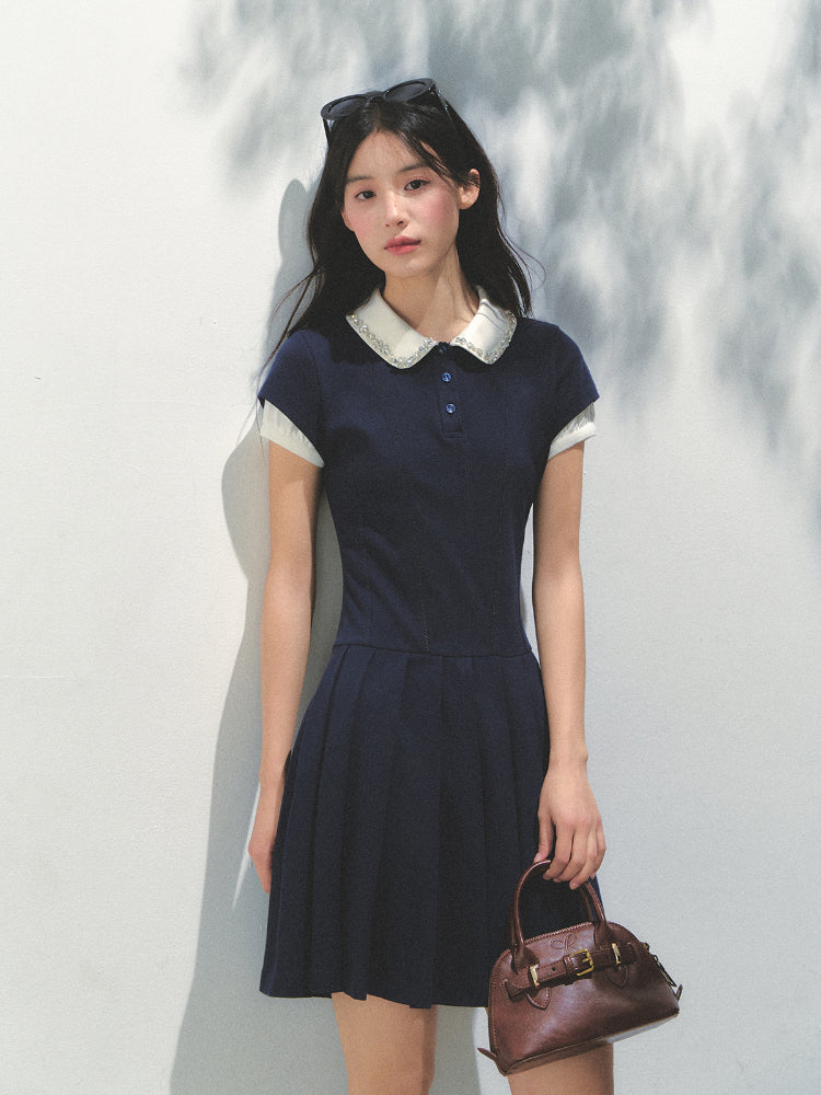 Polo Collar Rhinestone Pleated Dress - CHINASQUAD