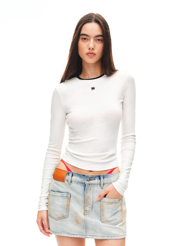 Contrast-trim Regular-shoulder Long-Sleeve T-shirt - CHINASQUAD