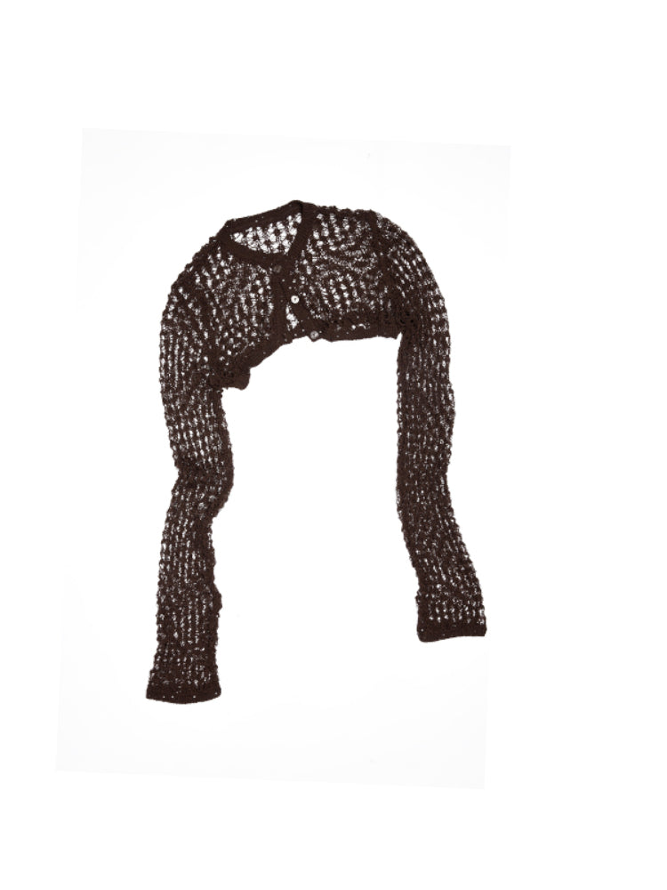 Hollow-Out Knitted Cropped Long-Sleeve Cover-Up - CHINASQUAD