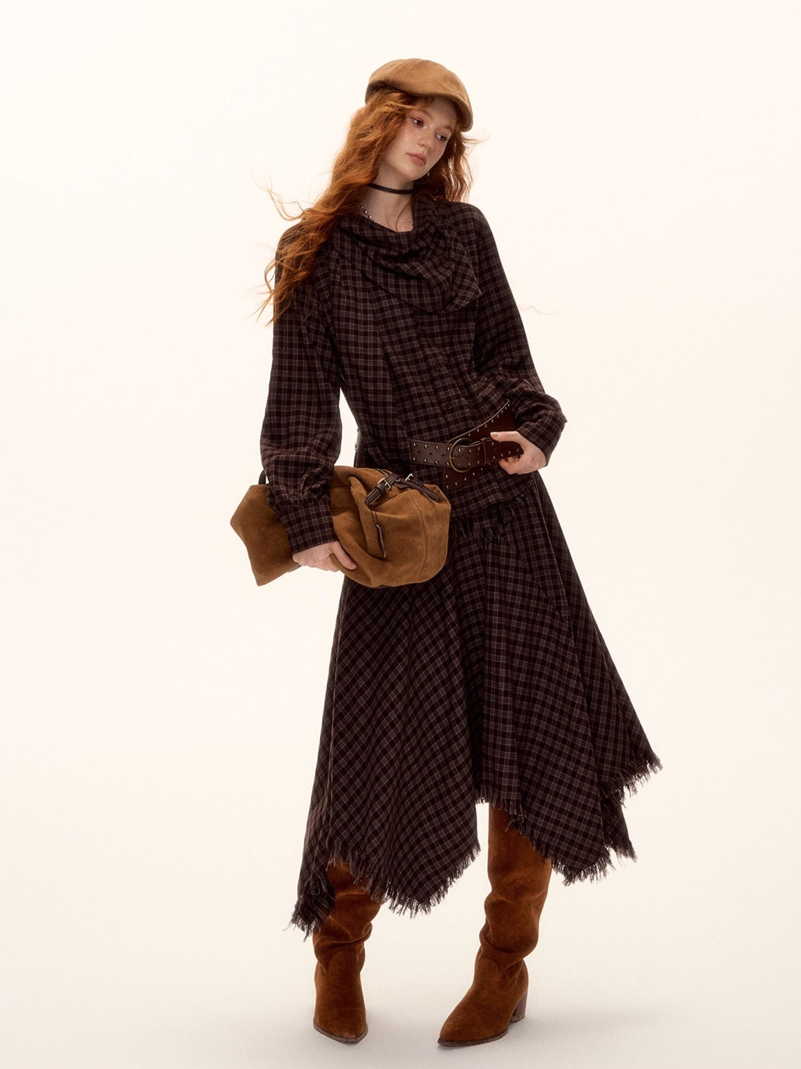 Frayed Hem Plaid Studded Belt Asymmetric A-Line Midi Skirt