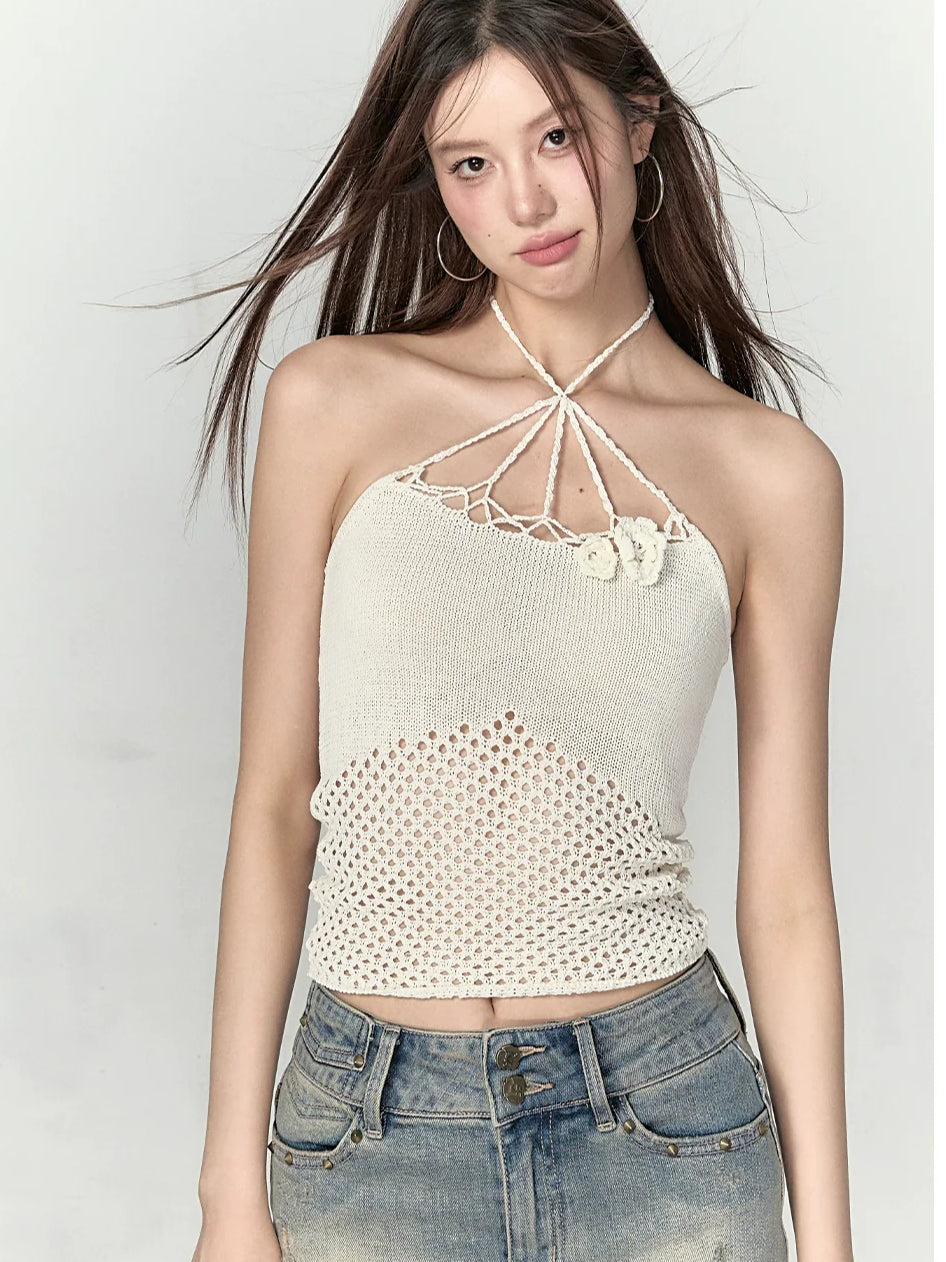Rose Knitted Hollow Out Spaghetti Strap Tank Top - CHINASQUAD