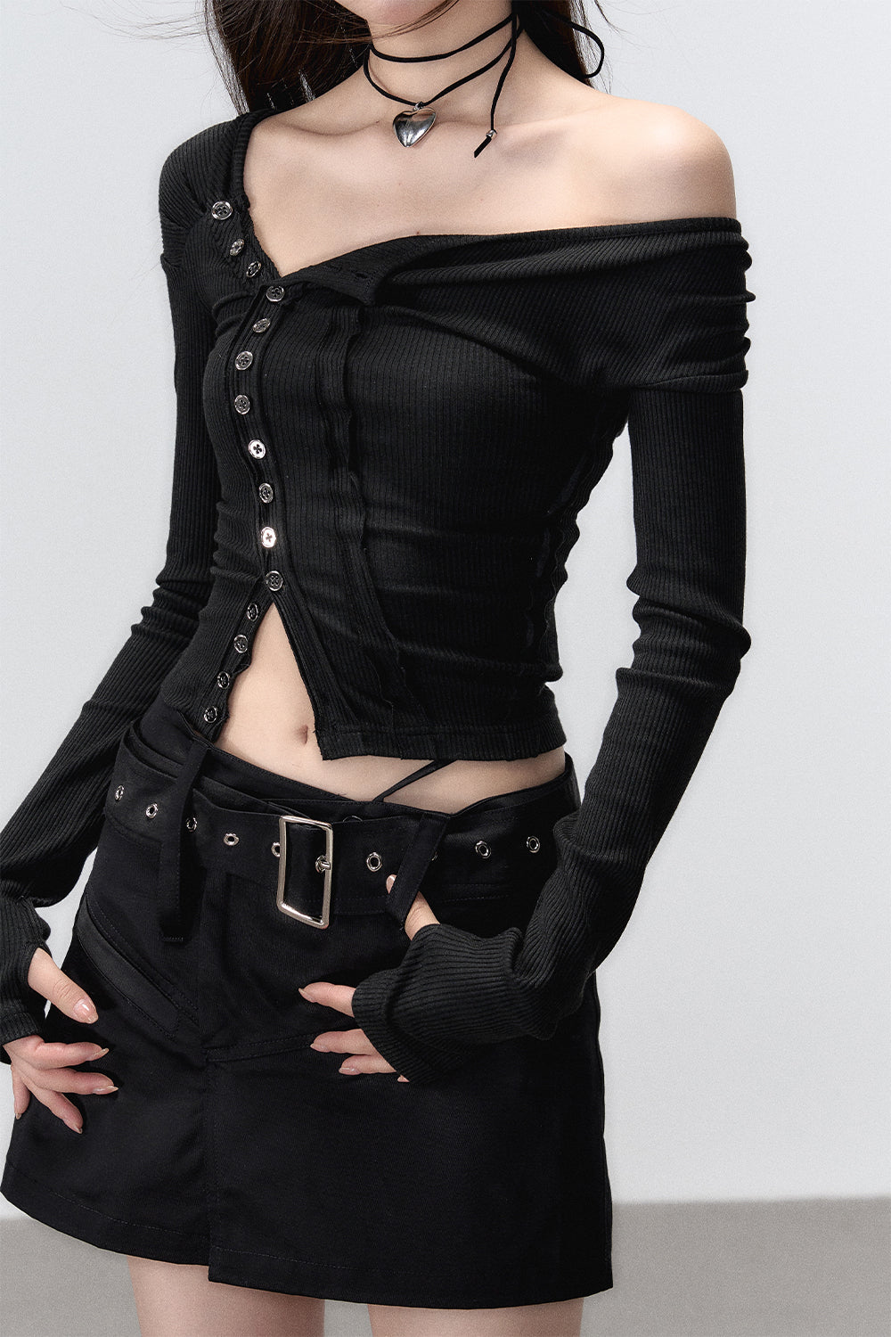 Black & Brown Buttoned Off-shoulder T-Shirt