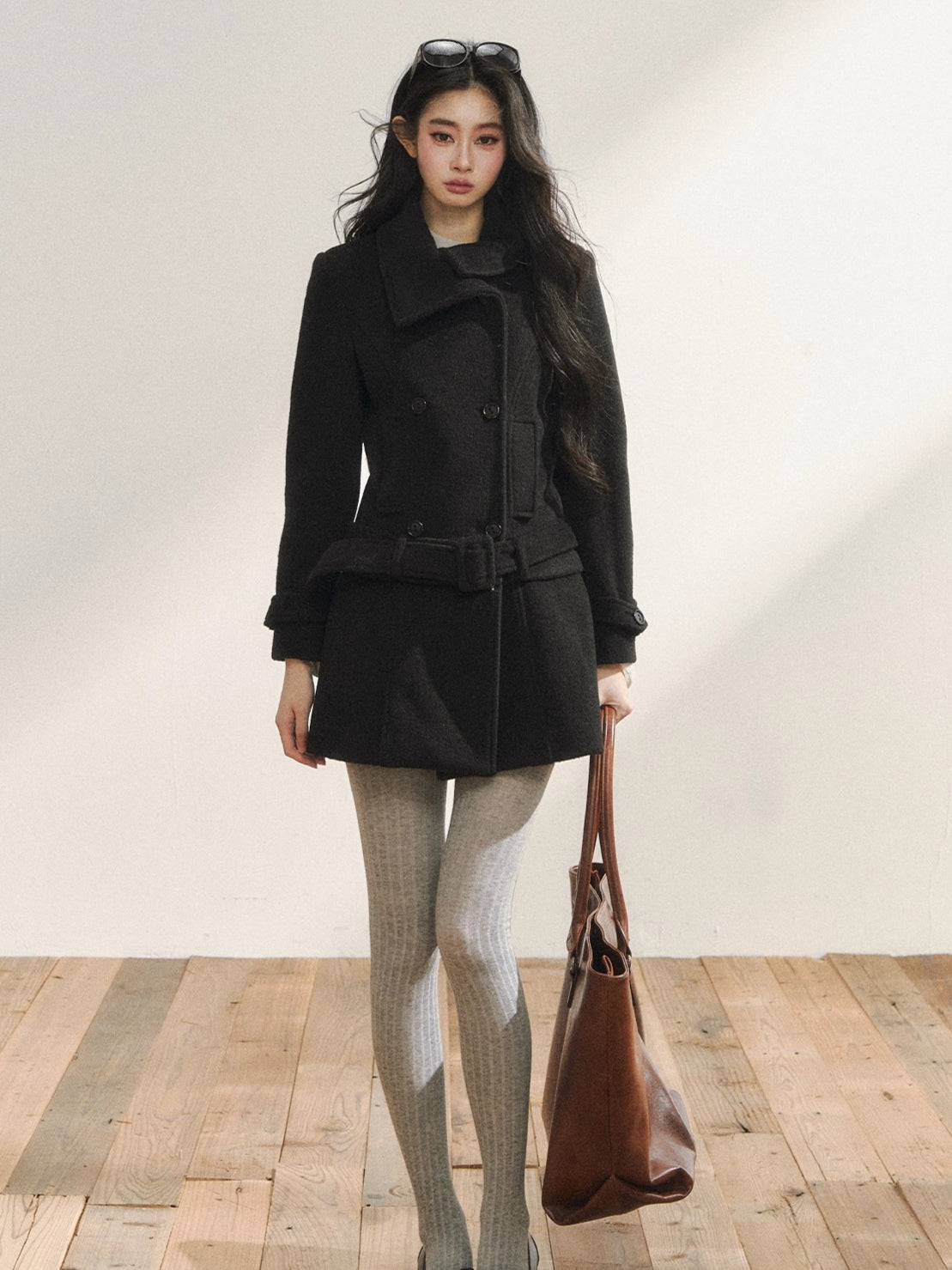 Black Wool-Blend Detachable Hem Double-Breasted Coat