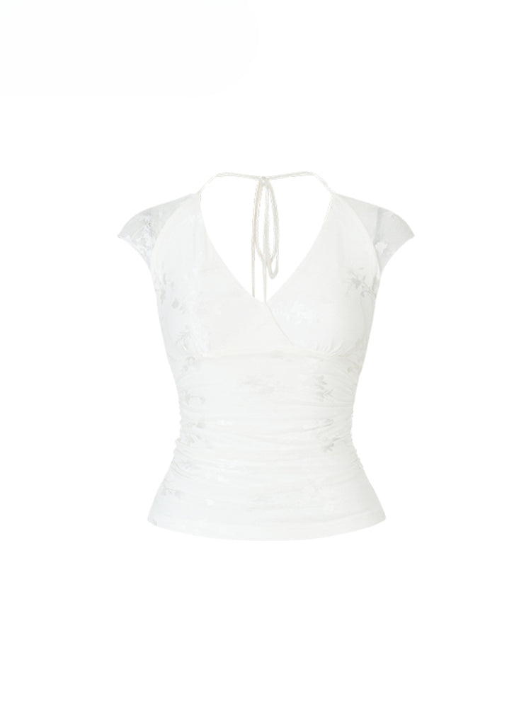 Mesh Jacquard Halter Lace Short-sleeve T-shirt