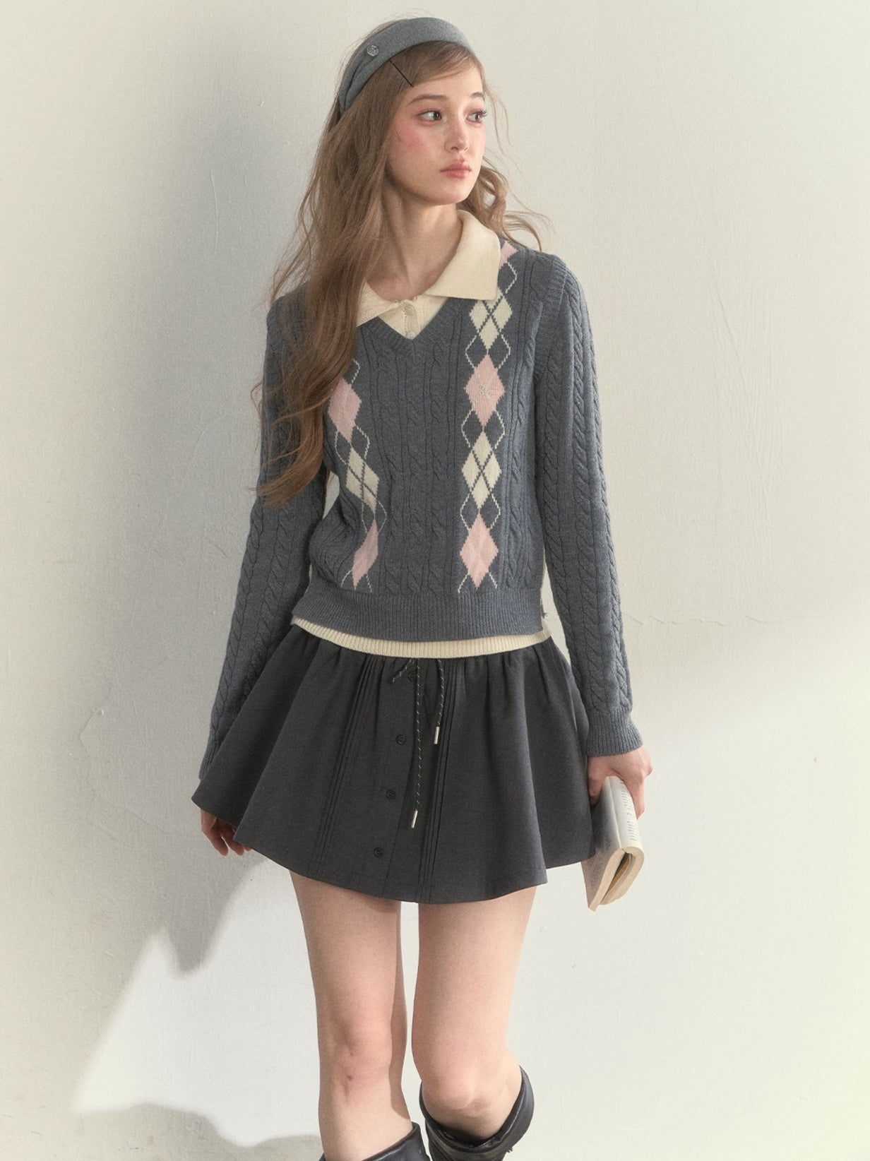 Vintage Argyle Cable Knit Layered Sweater