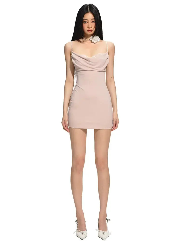 Pink Sheath Satin-Lace Paneled Dress - CHINASQUAD