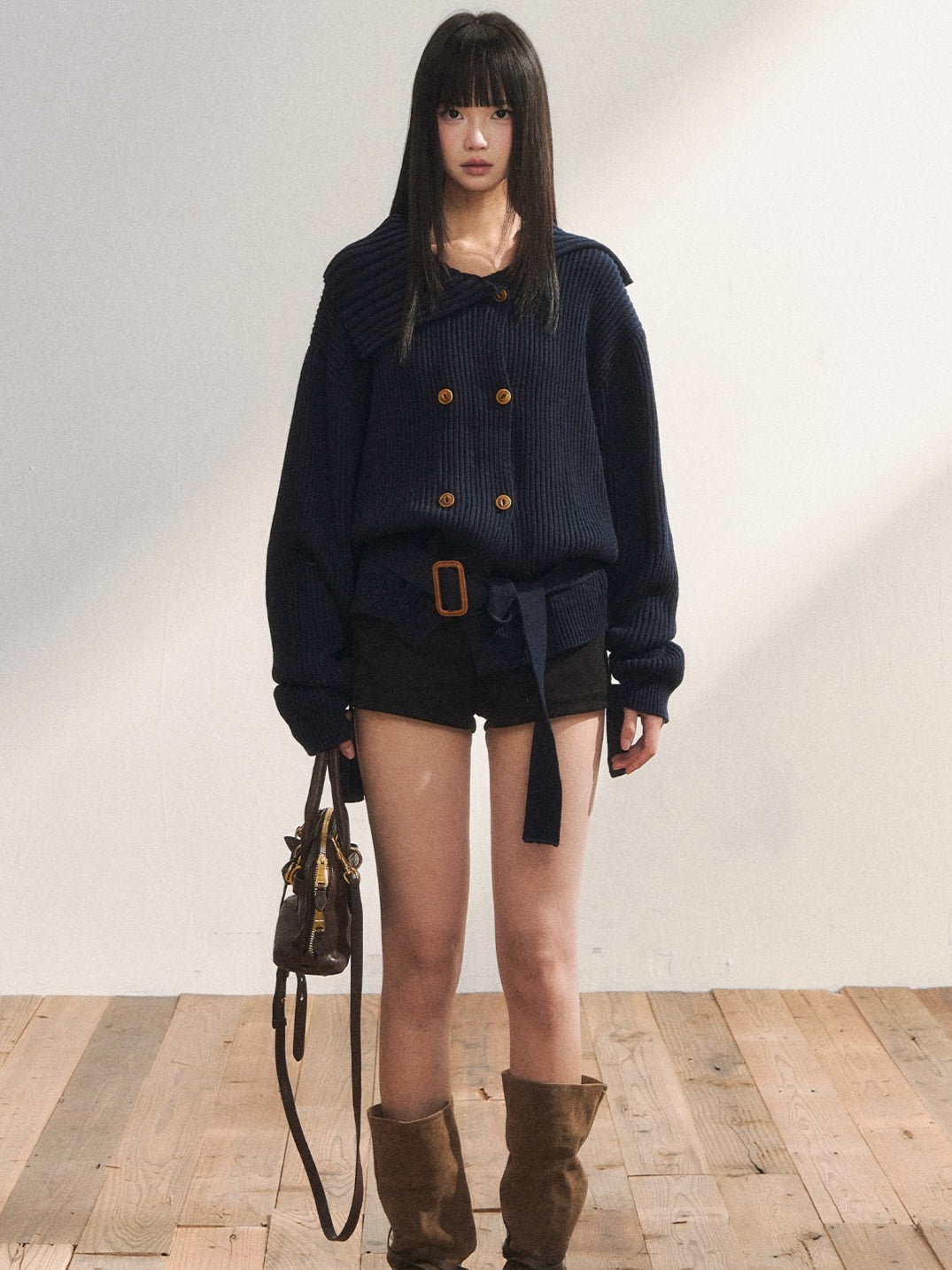 Double-Breasted Belted Knit Cardigan