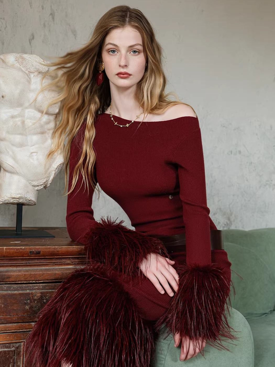 Vintage Off-Shoulder Knit Maxi Dress