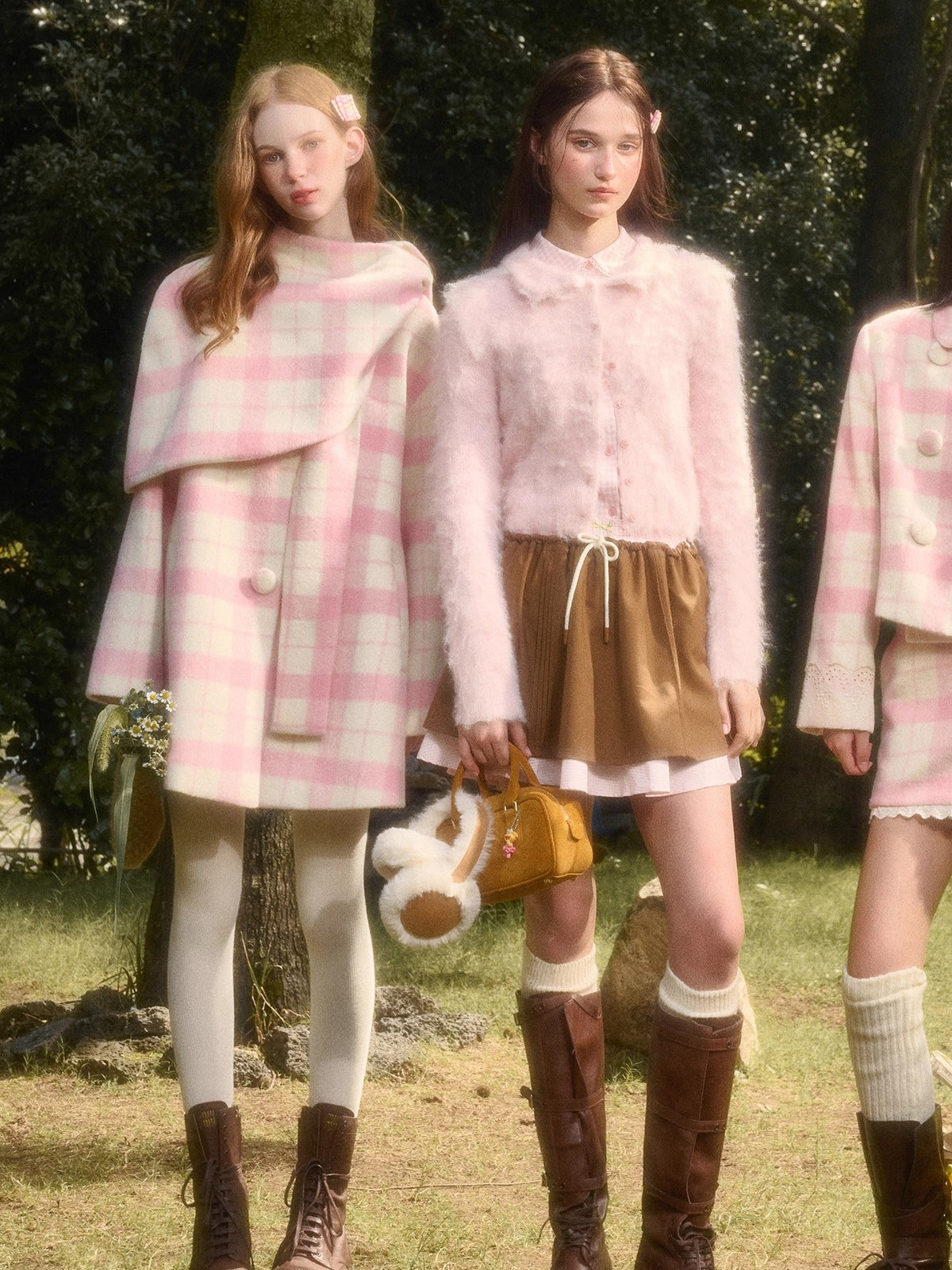 Baby Pink Raspberry Check Wool-Like Cape Coat