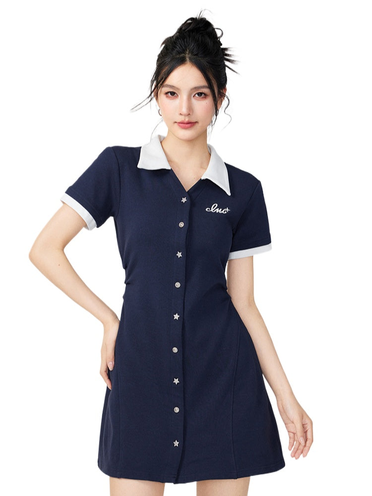 Color-Blocked Button-Up Waist Cinching Polo Dress - CHINASQUAD