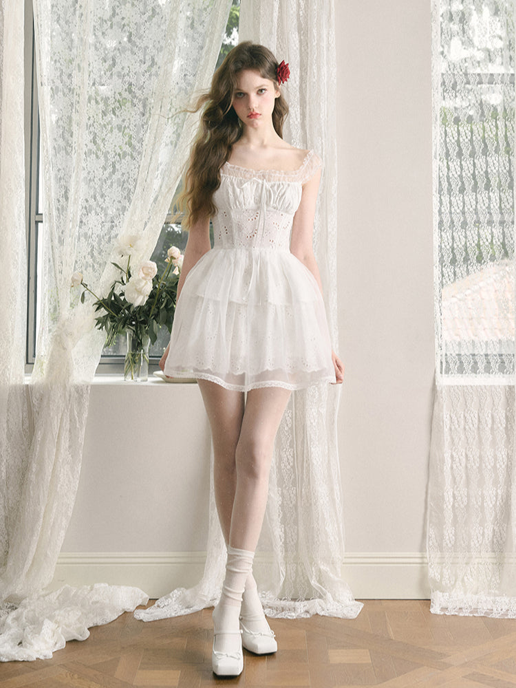 White Embroidered Puff Dress - CHINASQUAD