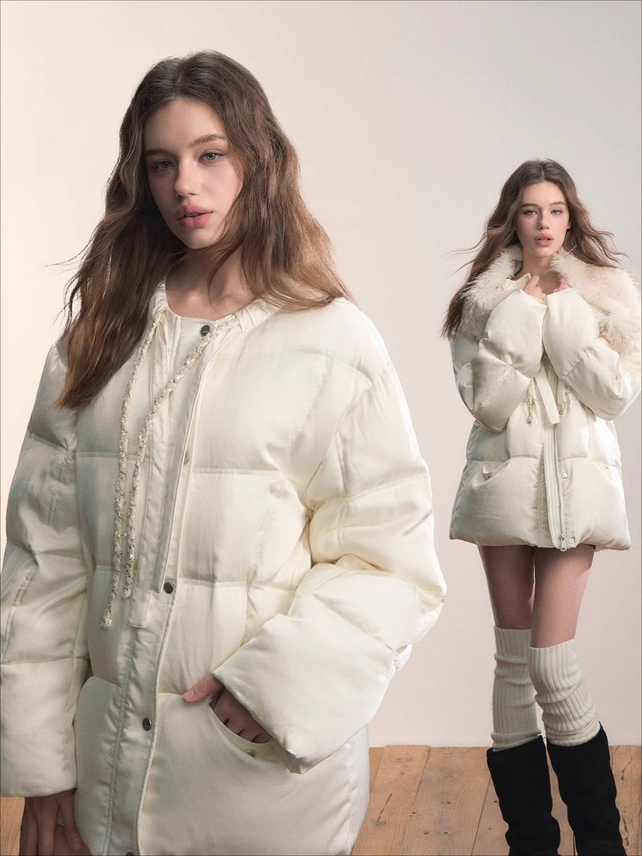 Textured Drawstring Down Puffer Jacket
