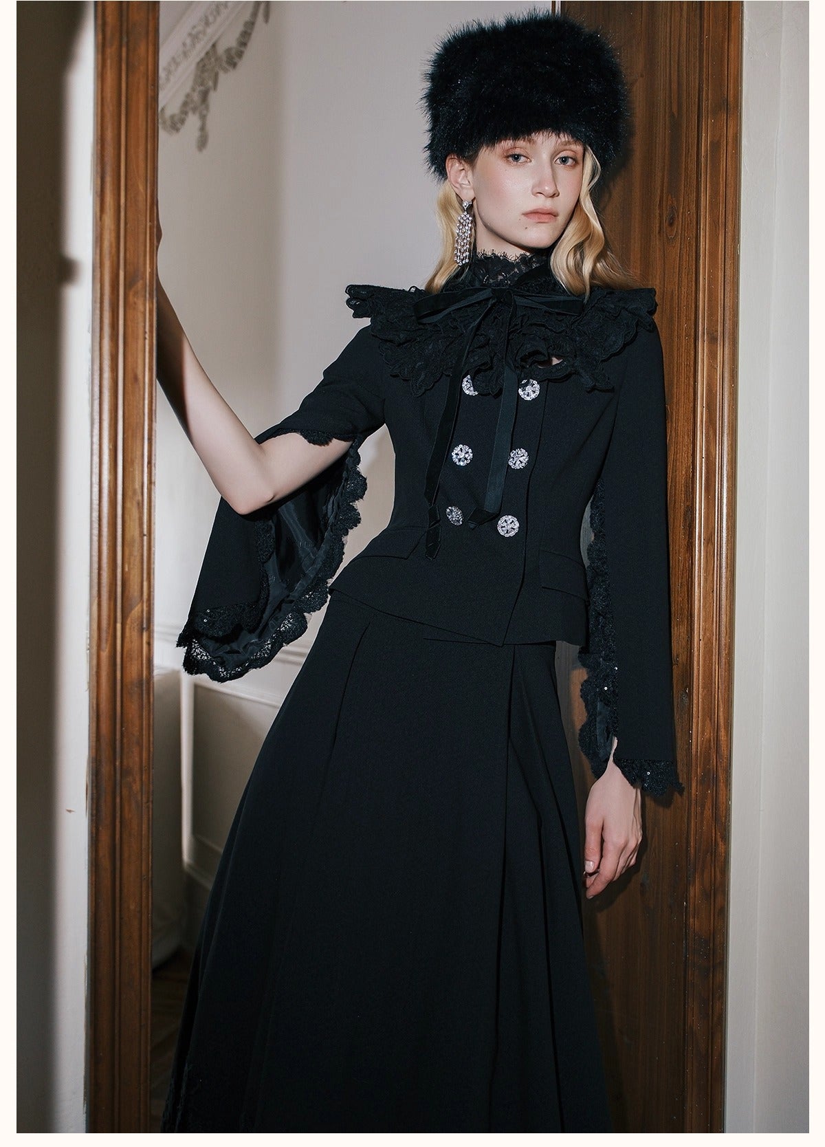 Mirage Vintage Lace-Collar Blazer & Flared Skirt Set - CHINASQUAD