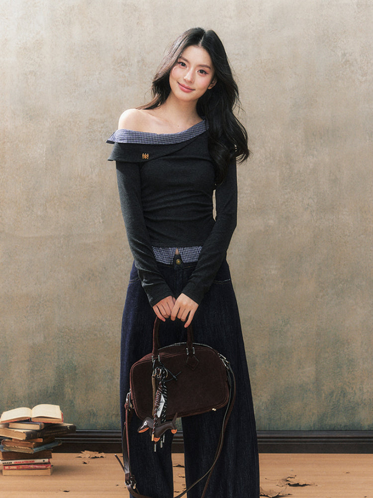 Off-Shoulder Plaid Patchwork Blouse - CHINASQUAD