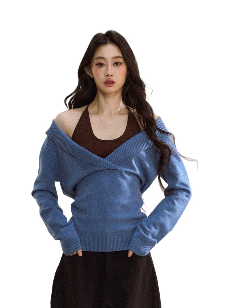 Blue Off-Shoulder Knit Sweater Cardigan - CHINASQUAD