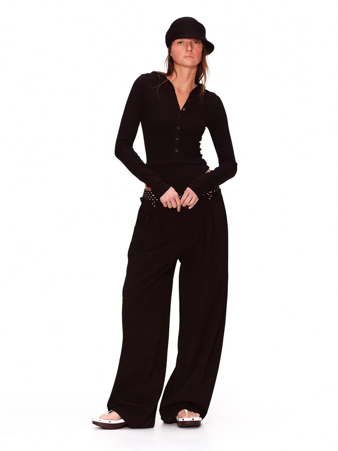 Double-Waist Polka Dot Wide-Leg Trousers