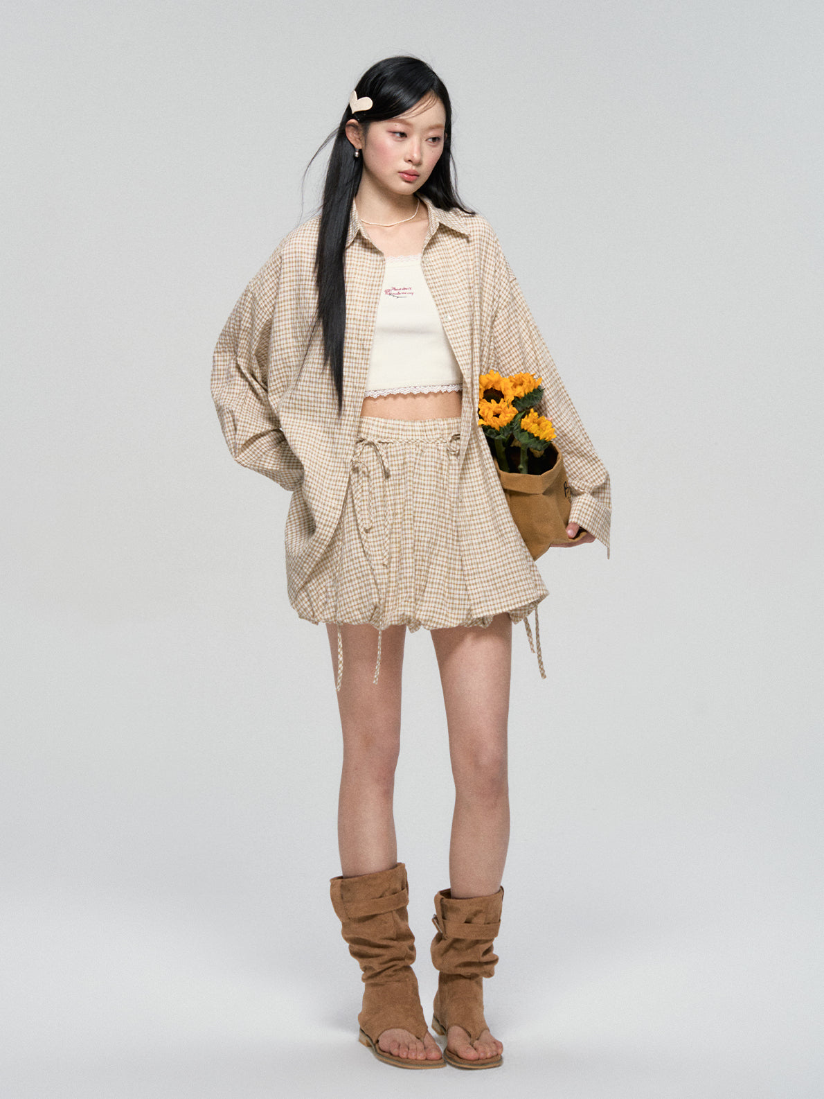 Khaki & Black Retro Check Shirt & Skirt Set - CHINASQUAD