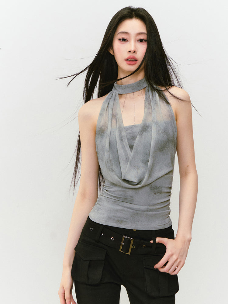 Chain Swing-neck Halter Neckline-gathered Waist Tank Top - CHINASQUAD