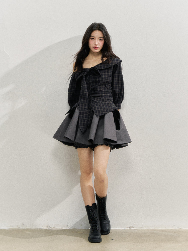 Checkered Bow One-Shoulder Asymmetric Waist-Cinching Shirt - CHINASQUAD