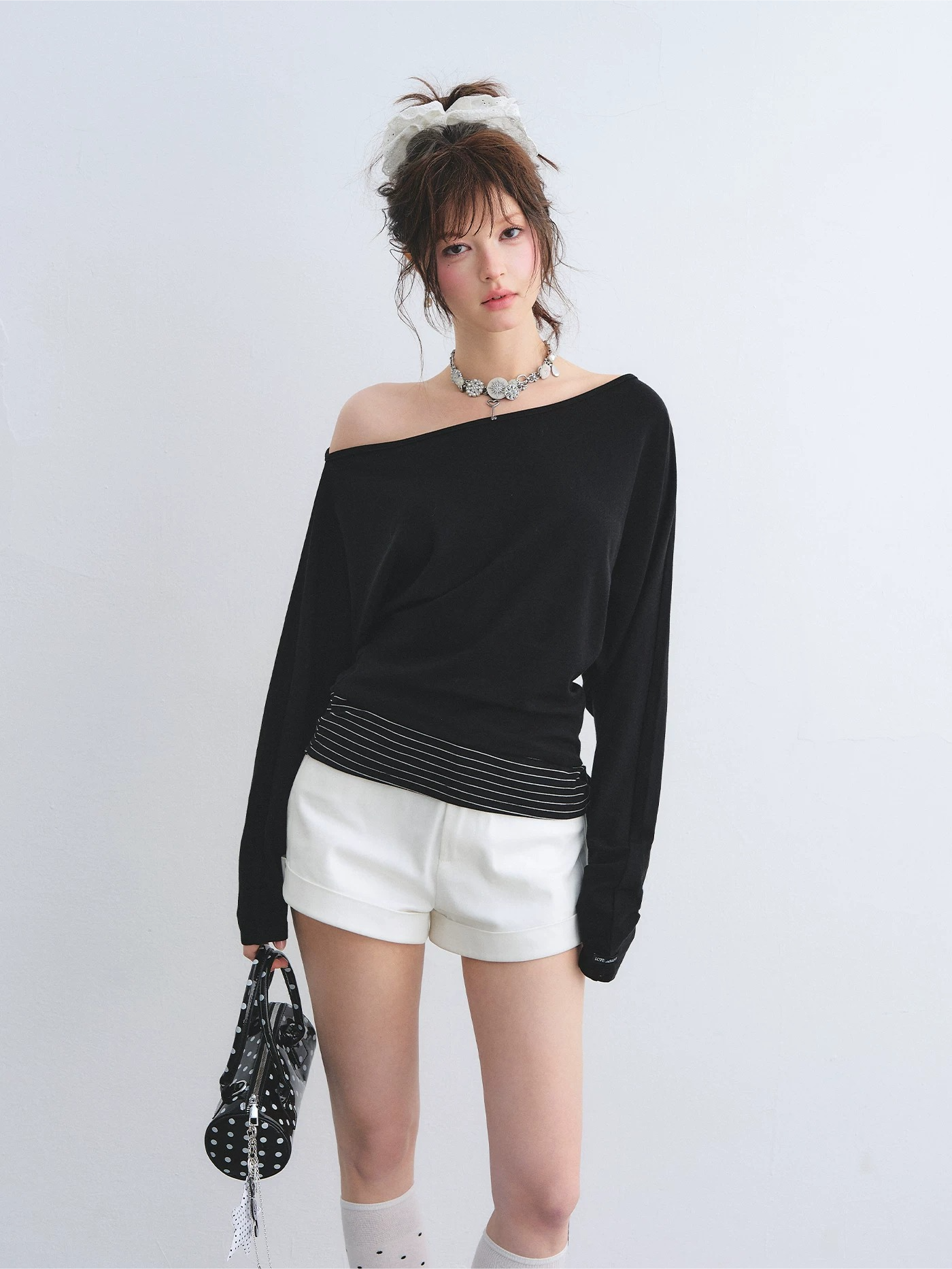 Asymmetric Batwing Sleeve Striped Tie-Hem Long Sleeve Top