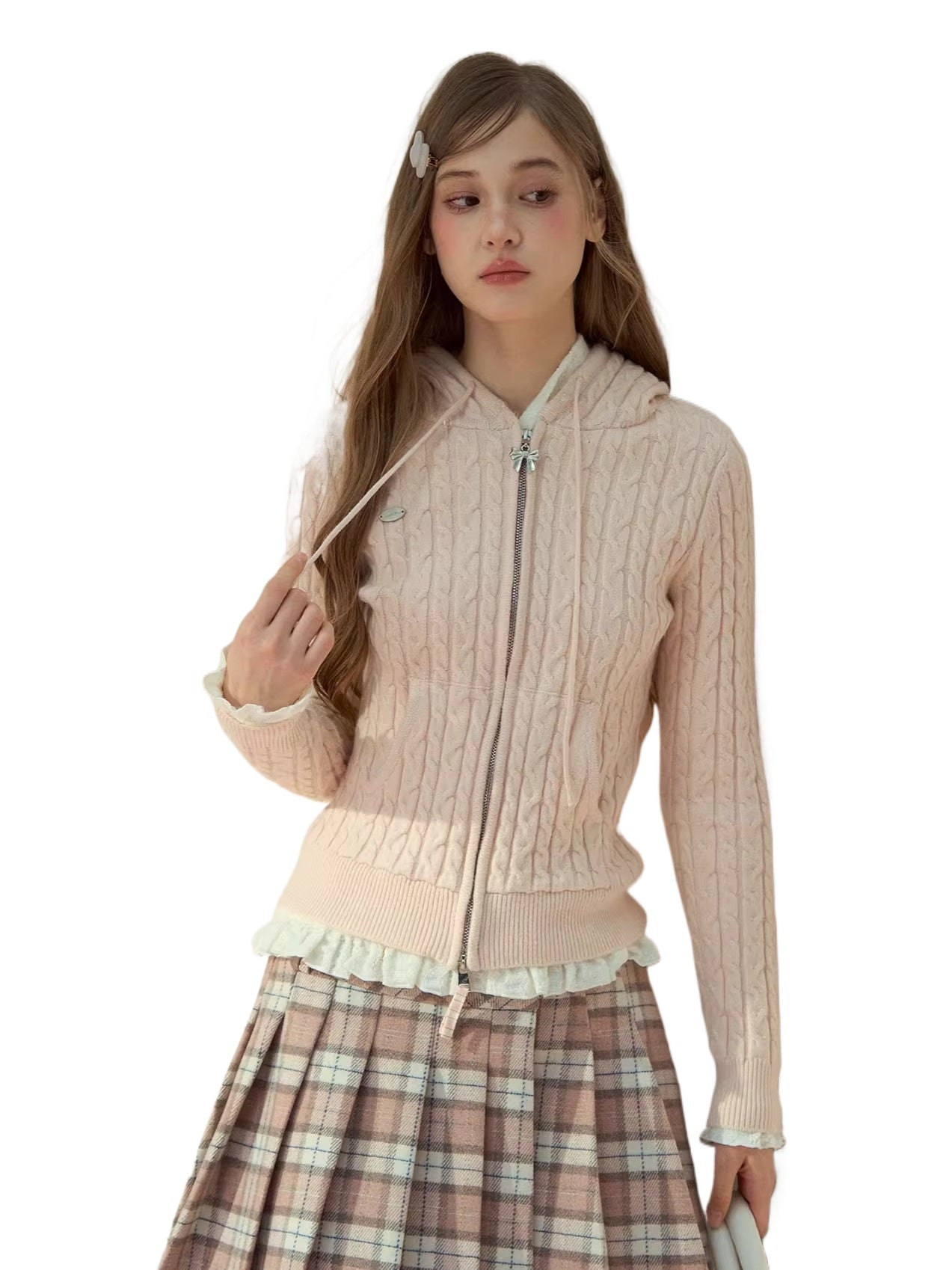 Detachable Fur Collar Blush Zip-up Knit Cardigan - CHINASQUAD