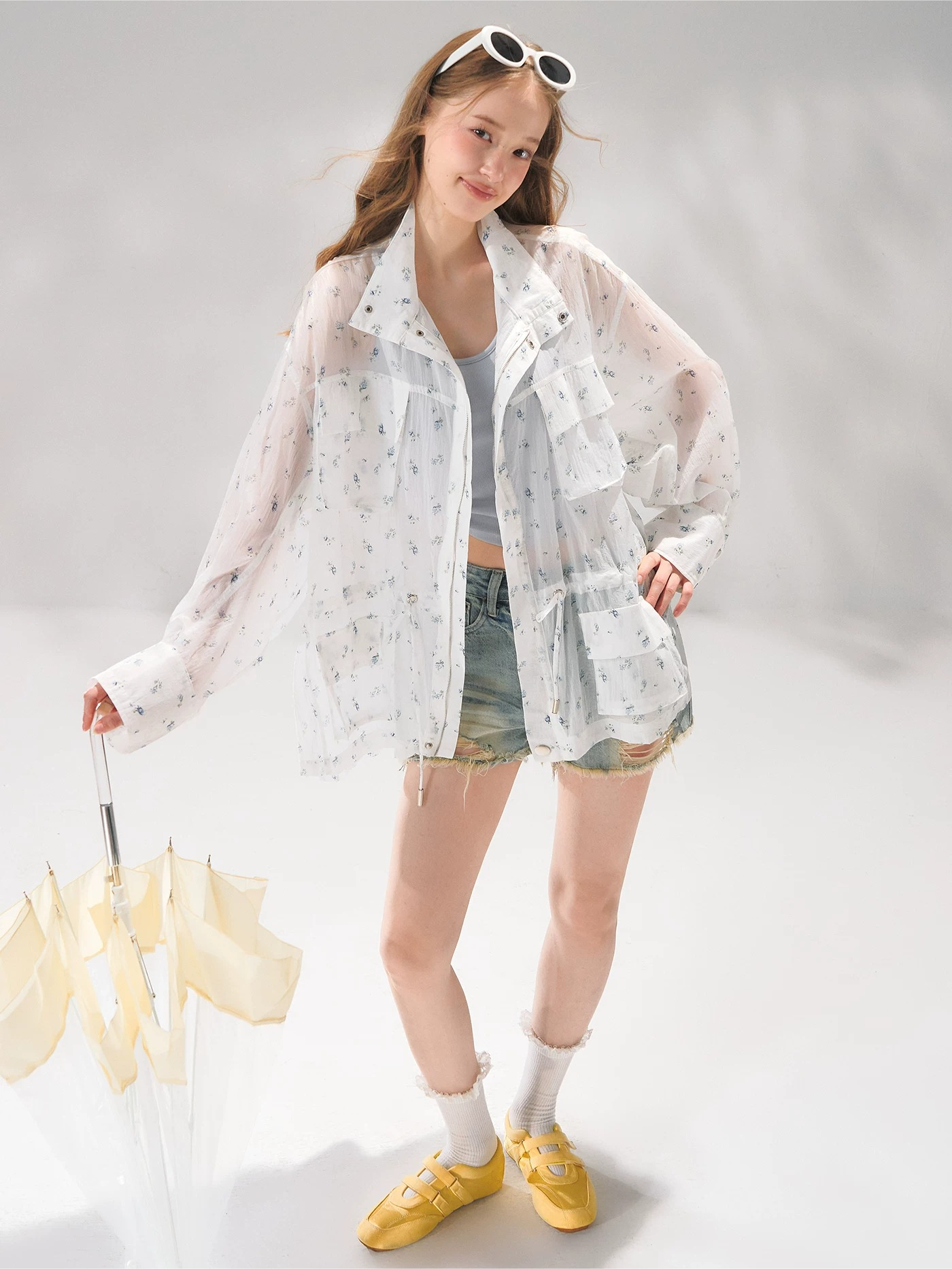 Floral Sheer Batwing Sleeve Utility Jacket