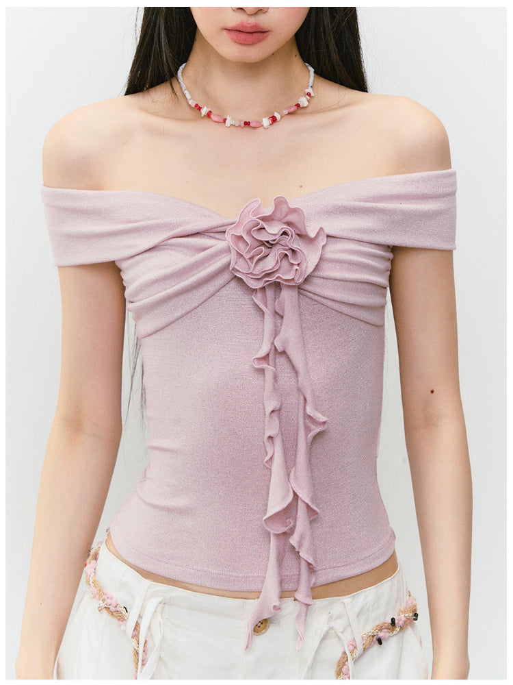 3D Rose One-shoulder Short-sleeve T-shirt
