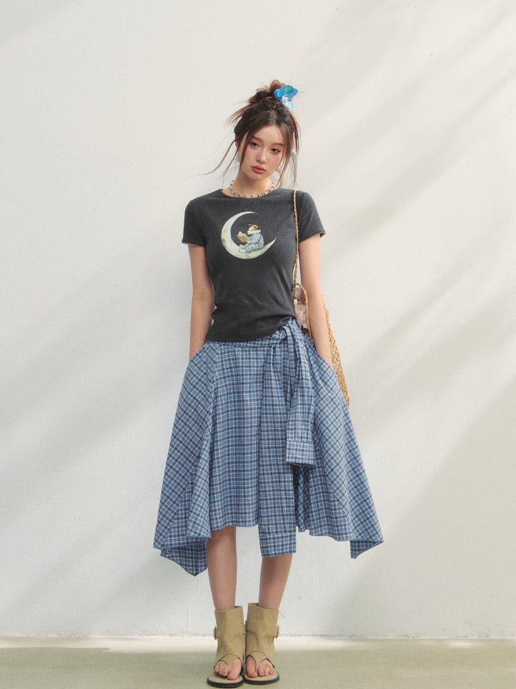 Blue Checkered Irregular Tie-Waist Skirt - CHINASQUAD