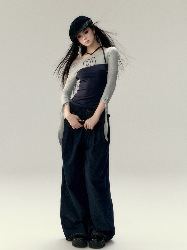 Color Block Waist Tie 3/4 Sleeve T-shirt - CHINASQUAD