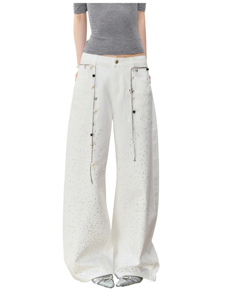 3D Rhinestone Wide - leg Denim Pants - CHINASQUAD