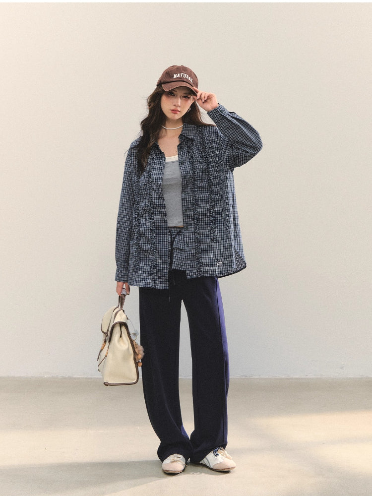Plaid Ruffle Pleated Loose Long-Sleeve Shirt
