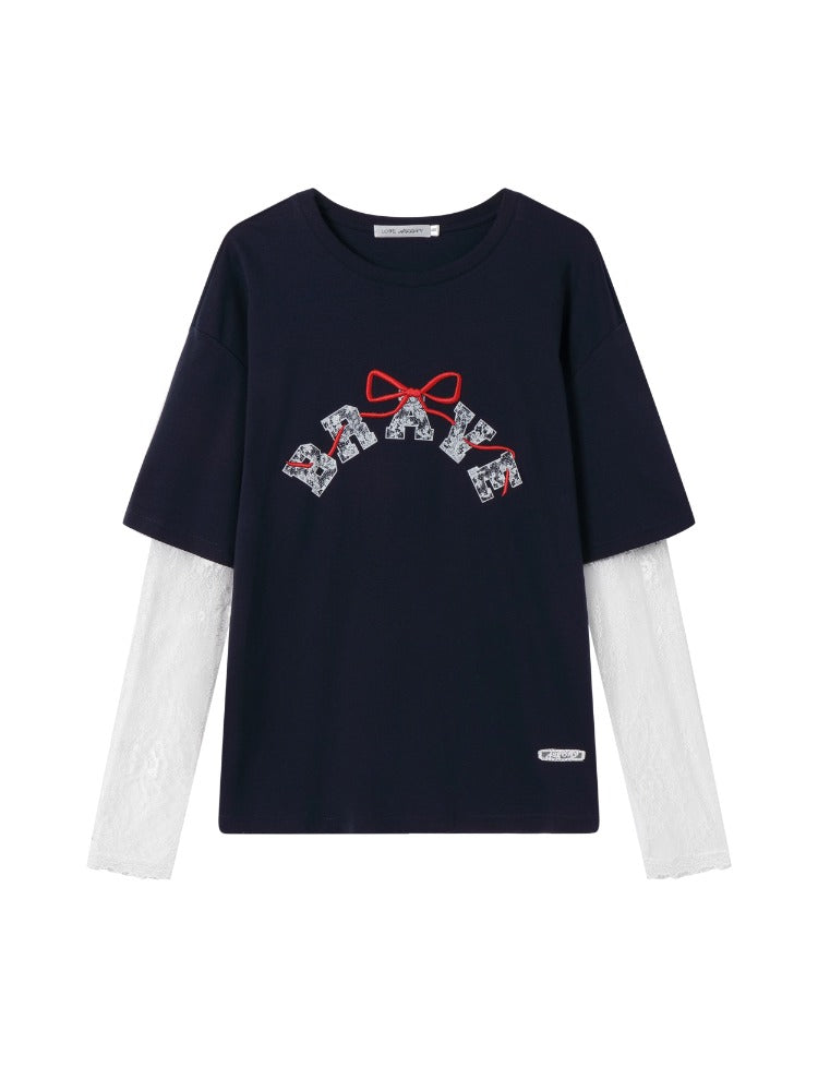 Lace-spliced Alphabet Bow T-shirt - CHINASQUAD