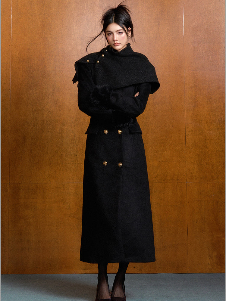 Detachable Fur Waist-Fitted Wool Coat & Scarf Set - CHINASQUAD