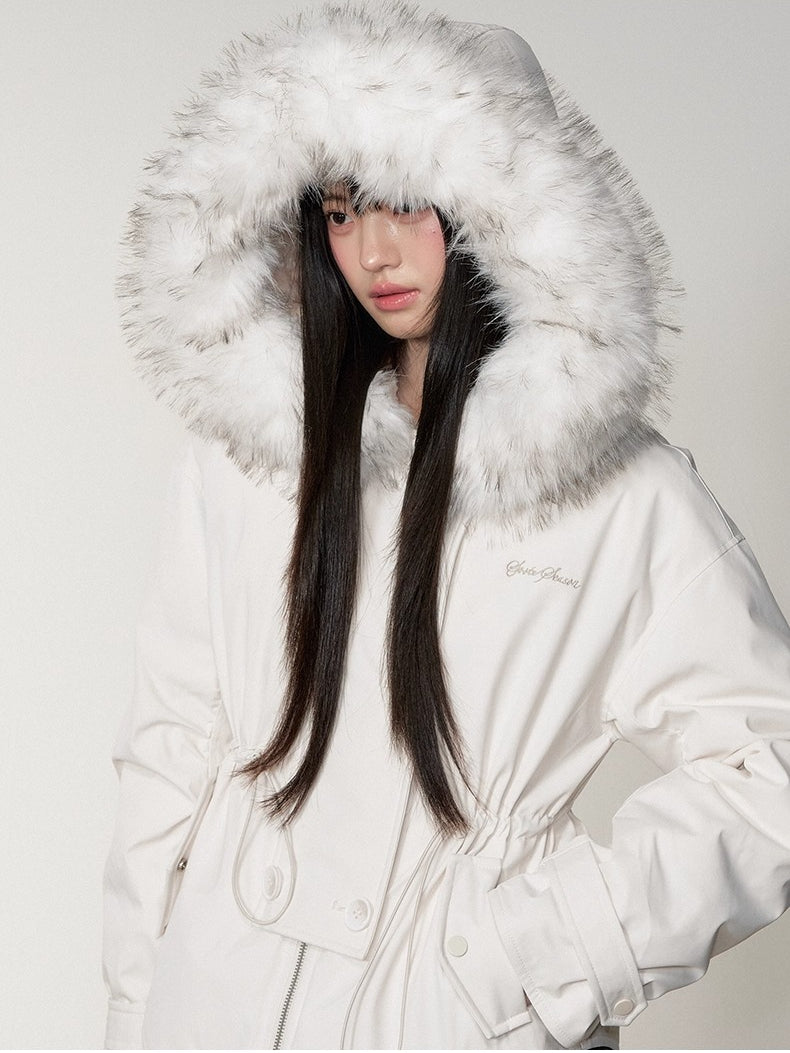 Faux Fur Collar Double-Breasted Down Parka Jacket - CHINASQUAD