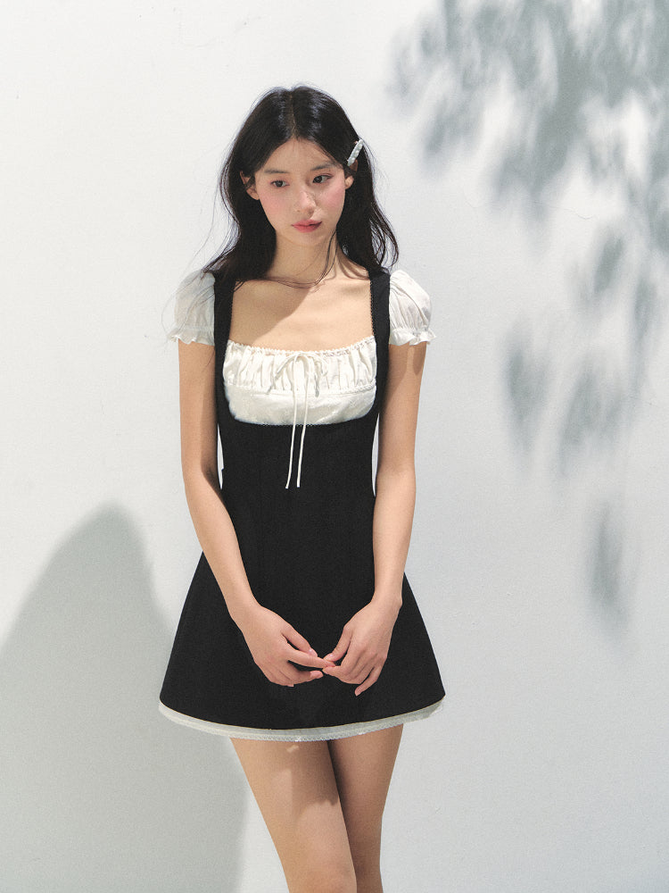 Black-White Contrast Two-piece Square Neck Dress - CHINASQUAD