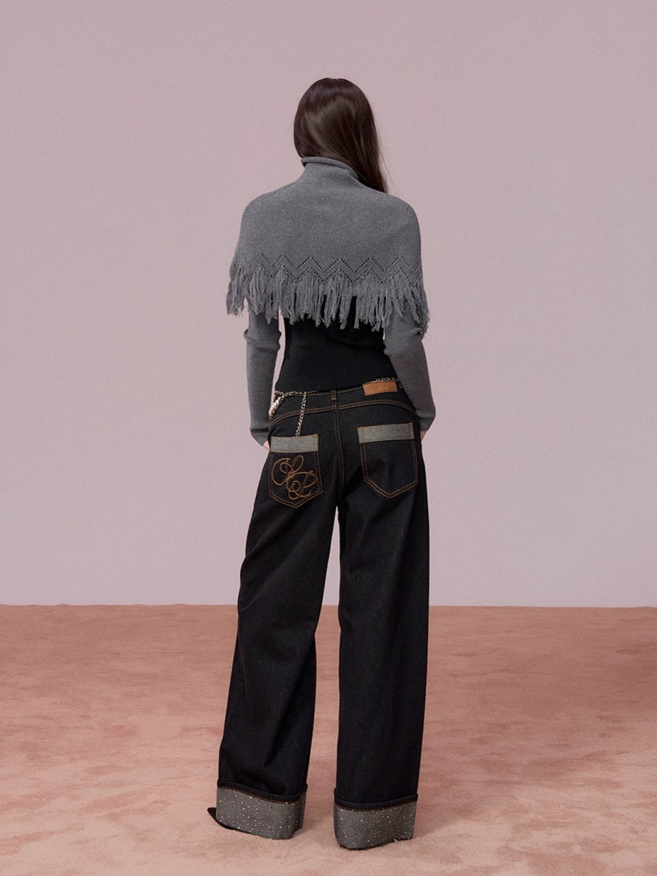 High-Neck Knit Top Fringe Cape Set