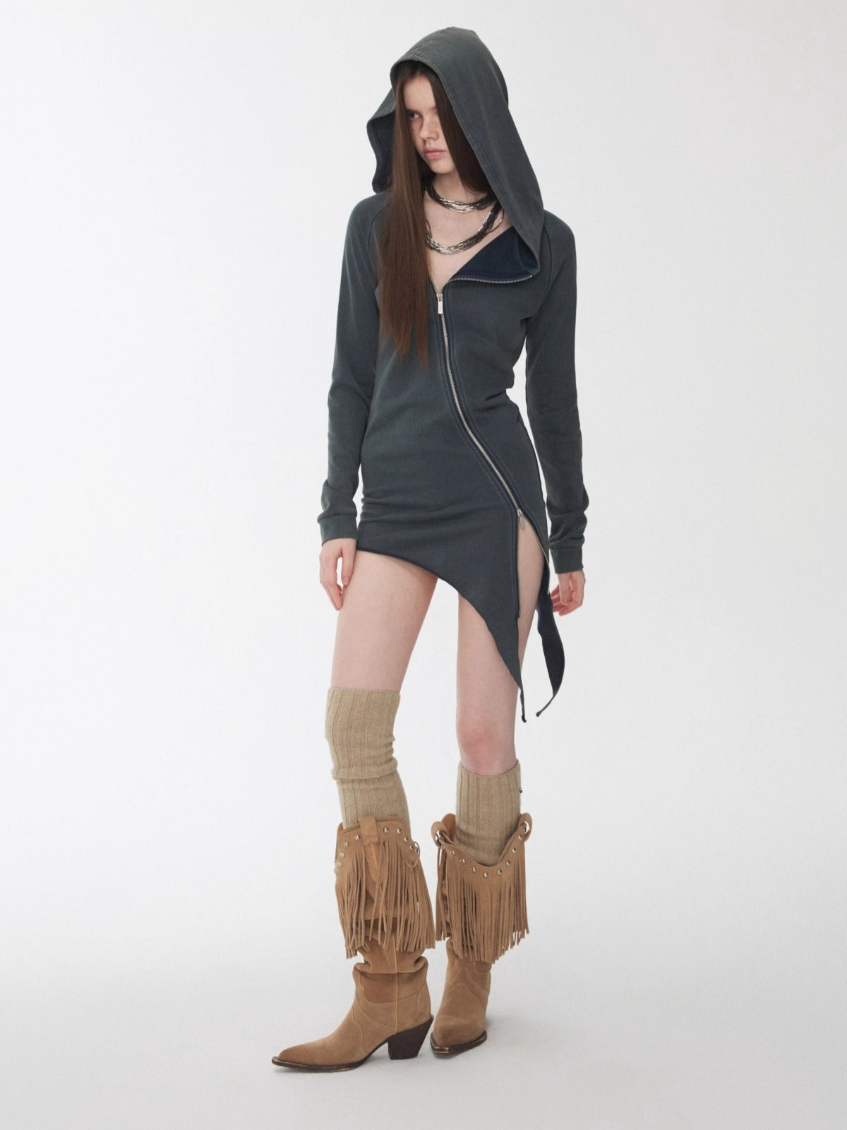 Washed Rhinestone Studded Deconstructed Hoodie Dress - CHINASQUAD