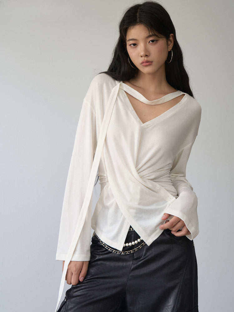 V-Neck Drawstring Waist Buttoned Blouse - CHINASQUAD