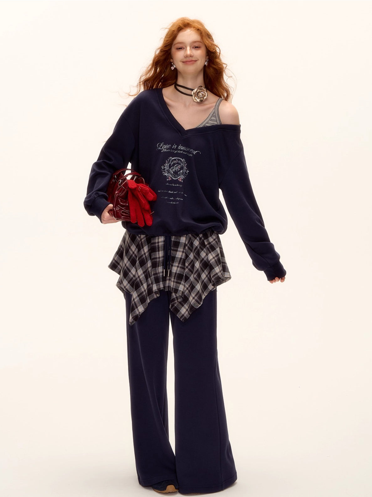 Asymmetric Shoulder Striped Fleece Tracksuit Set