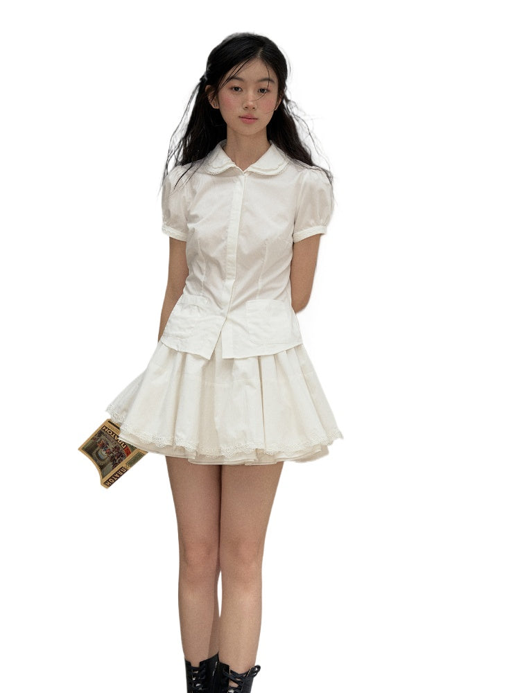 Cotton Lace Embroidered Collar Shirt & Skirt Set - CHINASQUAD