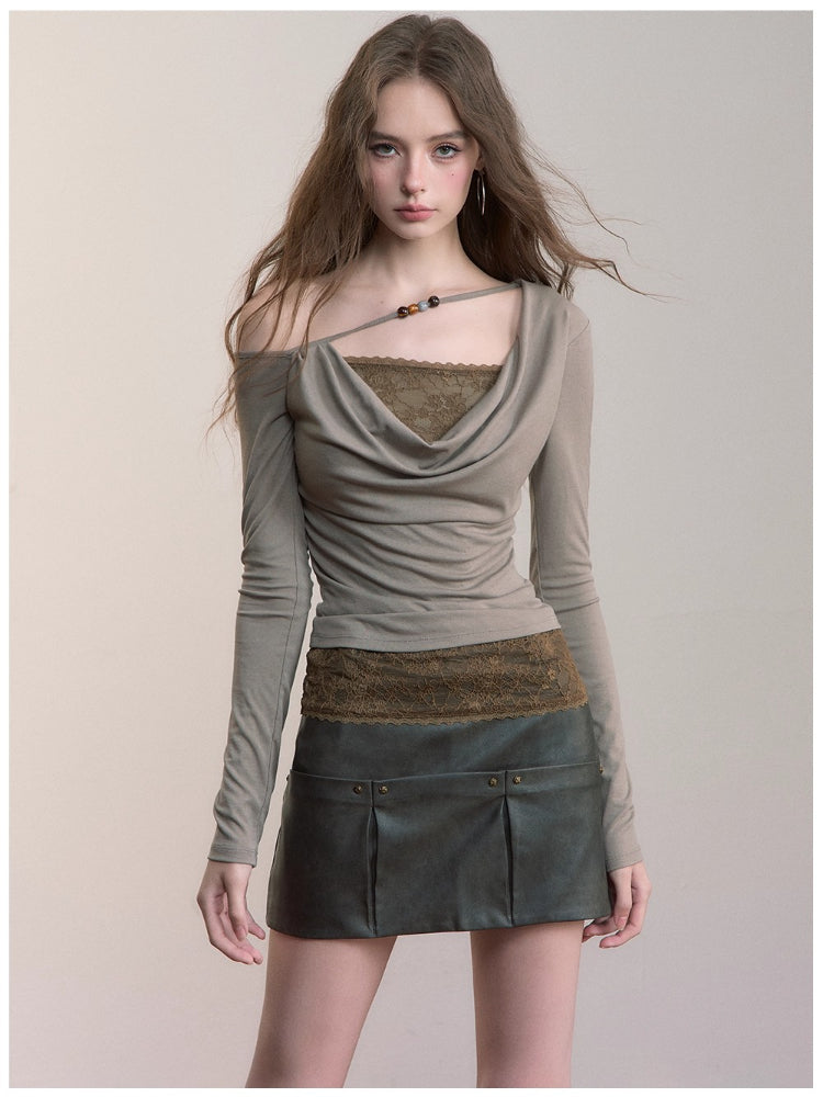 Fake Two-Piece Lace Off-Shoulder Beaded T-Shirt