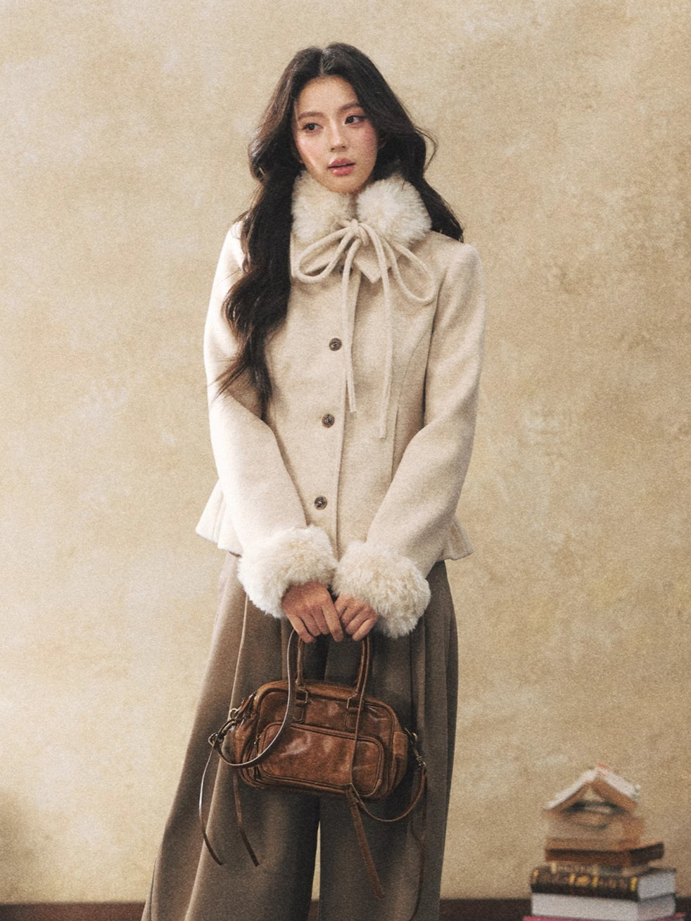 Detachable Fur-Collar Wool-Blend Jacket