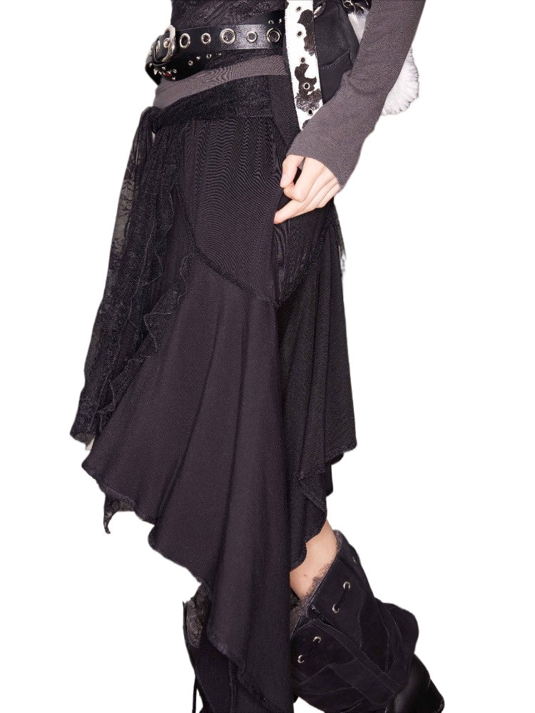 Wool Lace Patchwork Asymmetrical Skirt - CHINASQUAD