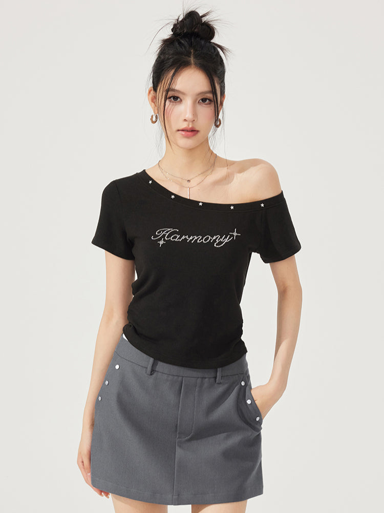 High-Elasticity Star-Studded Diagonal Shoulder T-Shirt - CHINASQUAD